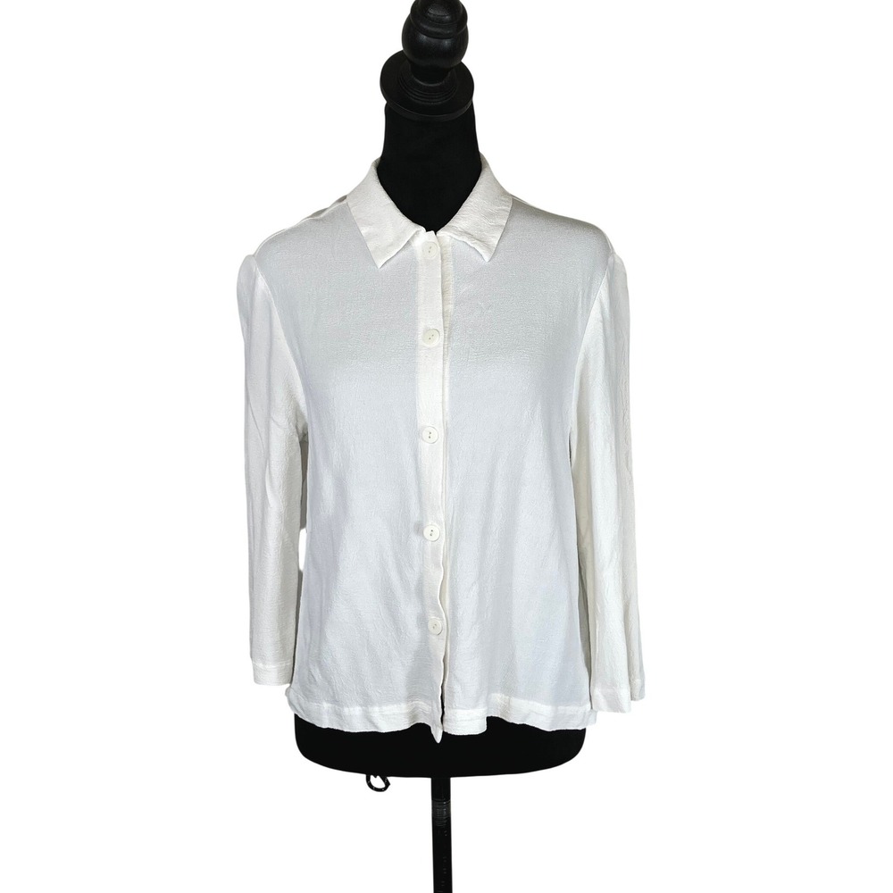 Eileen Fisher Long Sleeve Button Down White‎ Crepe Women's Small Preppy Eco